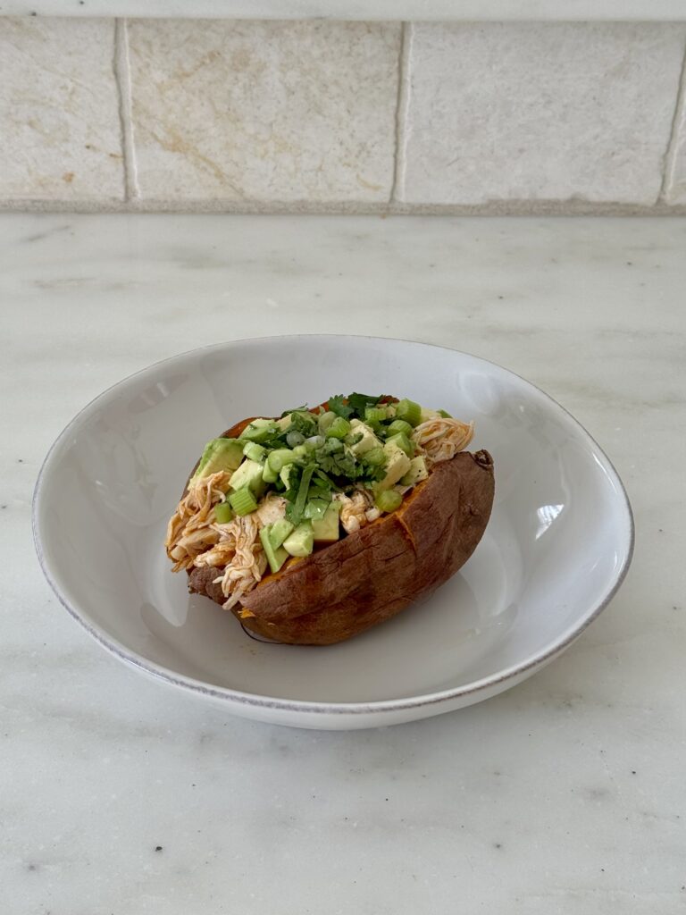 Buffalo chicken sweet potato easy 30 minute meal gluten free dairy free high protein 