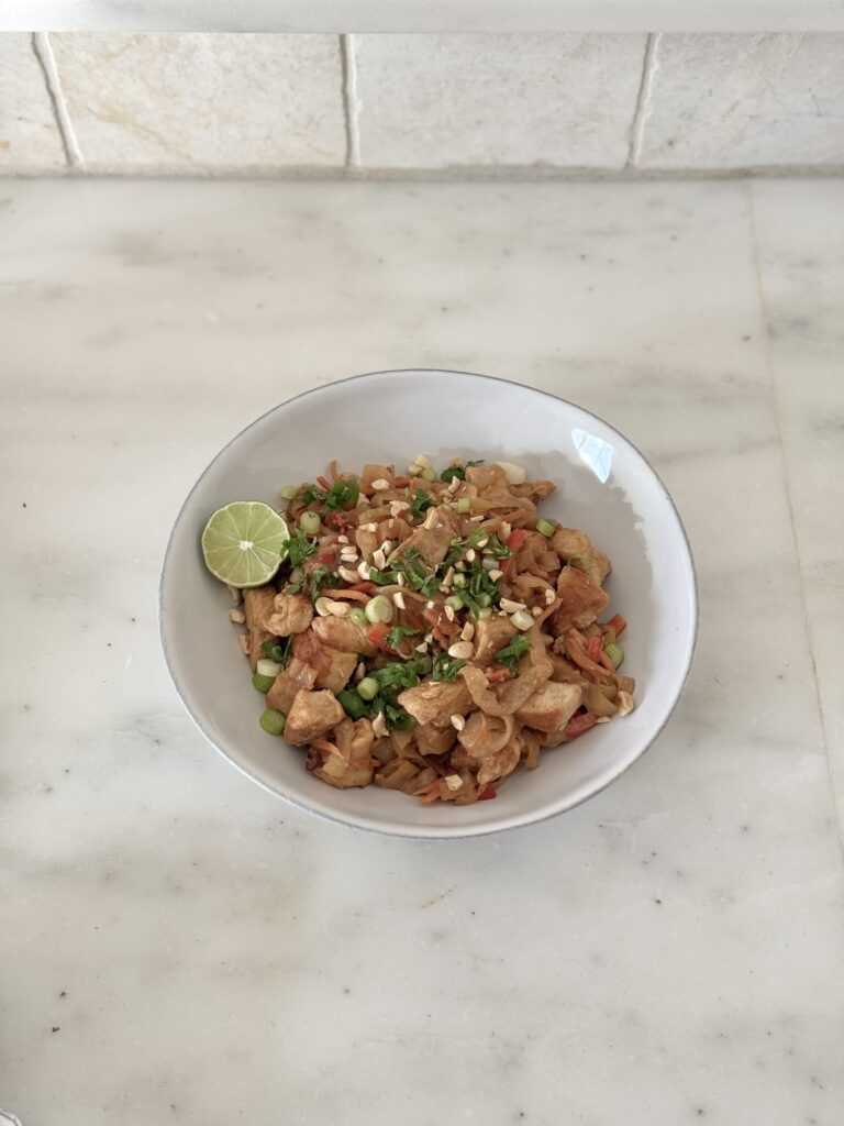 Chicken Pad Thai, easy 30 minute meal. Gluten free, egg free, high protein