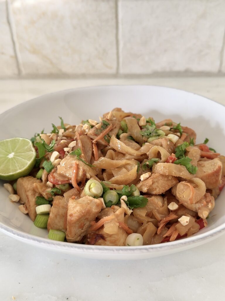 Chicken Pad Thai, easy 30 minute meal. Gluten free, egg free, high protein