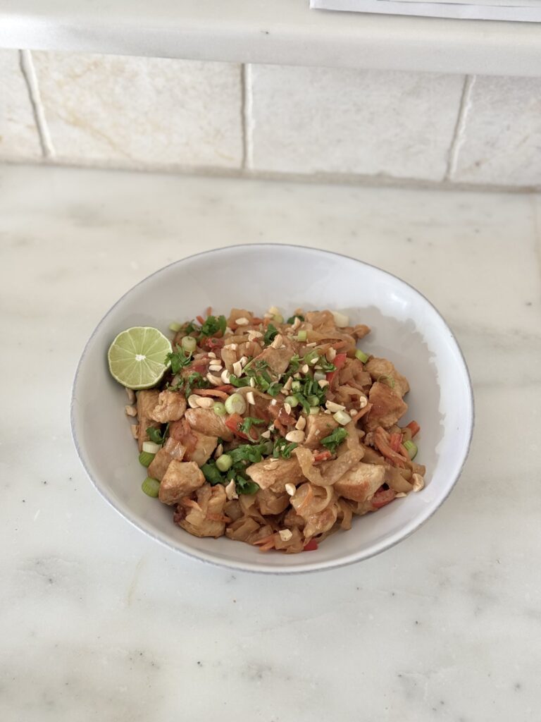 Chicken Pad Thai, easy 30 minute meal. Gluten free, egg free, high protein