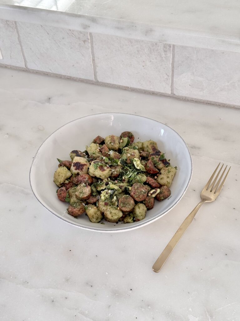 Pesto Gnocchi with Chicken Sausage 30 Minute Meal Gluten Free Dairy Free High Protein Trader Joes