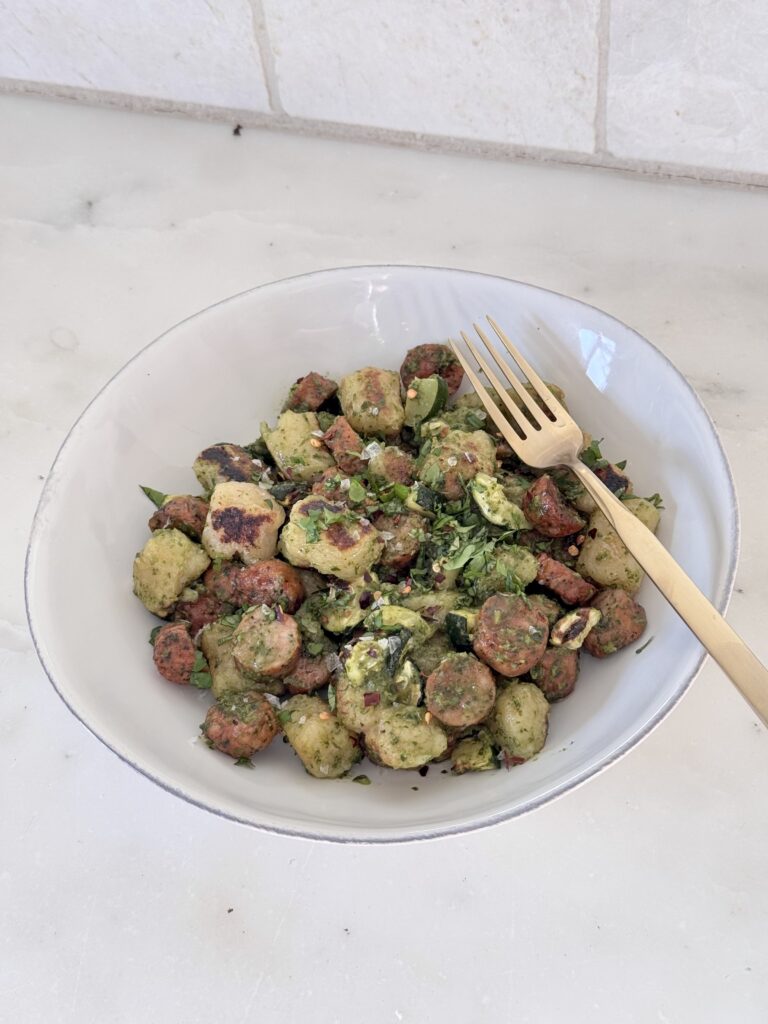 Pesto Gnocchi with Chicken Sausage 30 Minute Meal Gluten Free Dairy Free High Protein Trader Joes