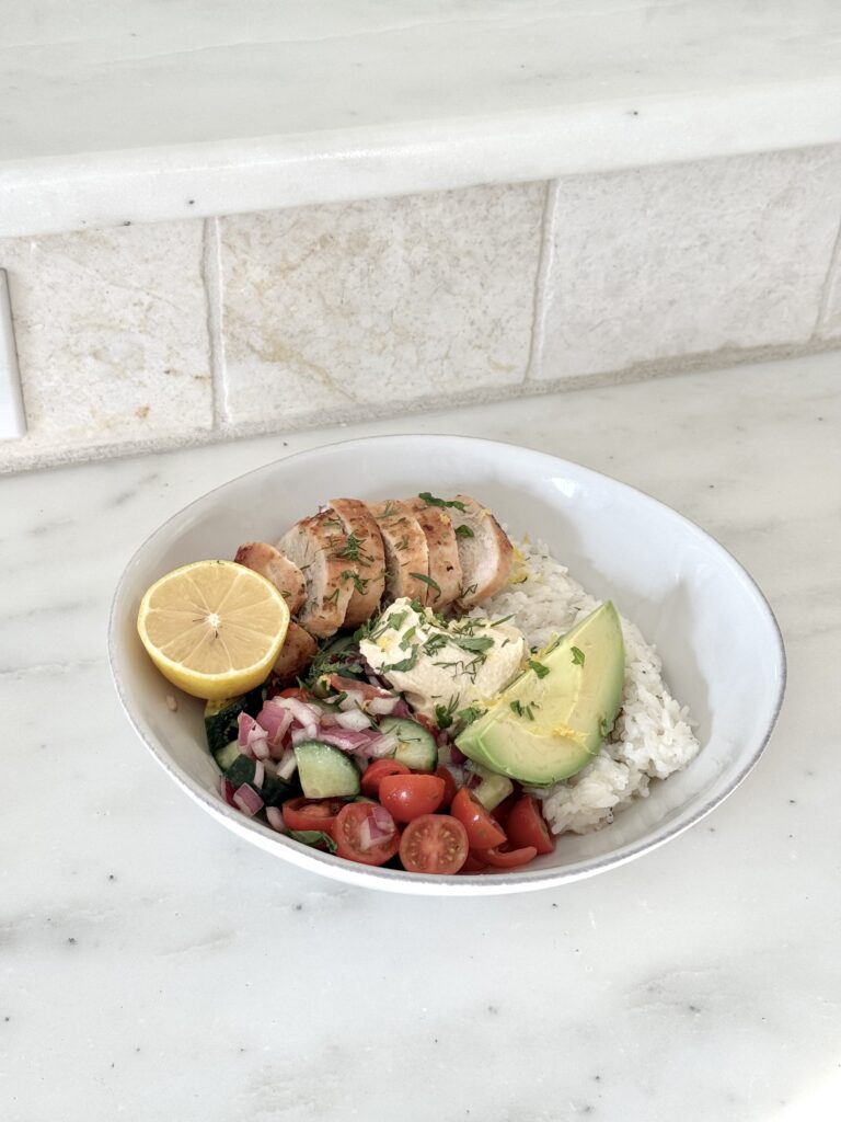 chicken greek bowls, 30 minute meal, gluten free, dairy free, high protein