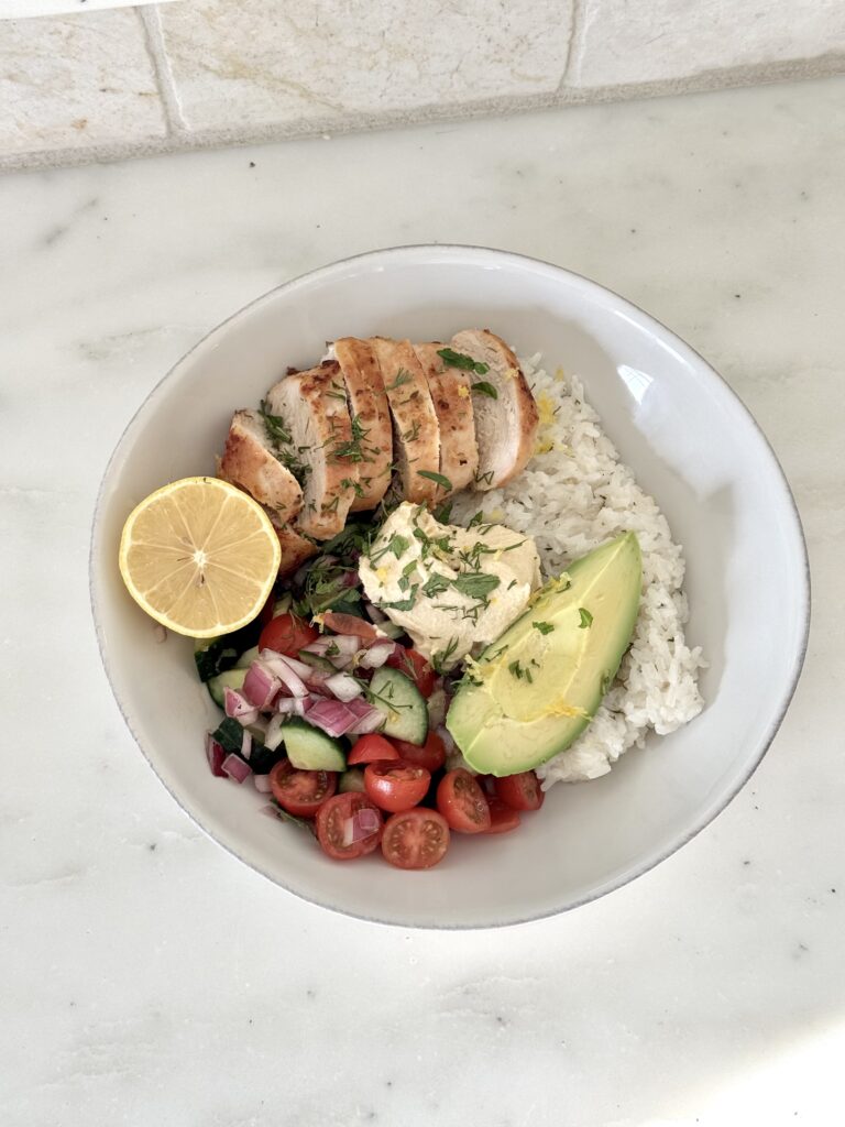 chicken greek bowls, 30 minute meal, gluten free, dairy free, high protein