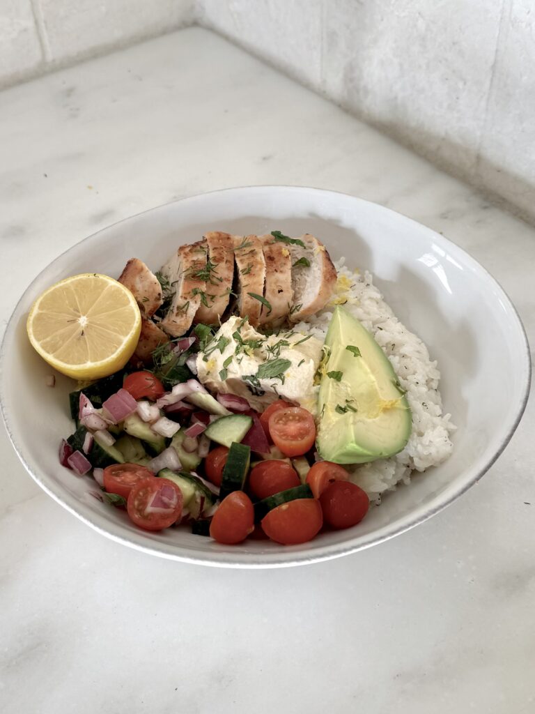 chicken greek bowls, 30 minute meal, gluten free, dairy free, high protein