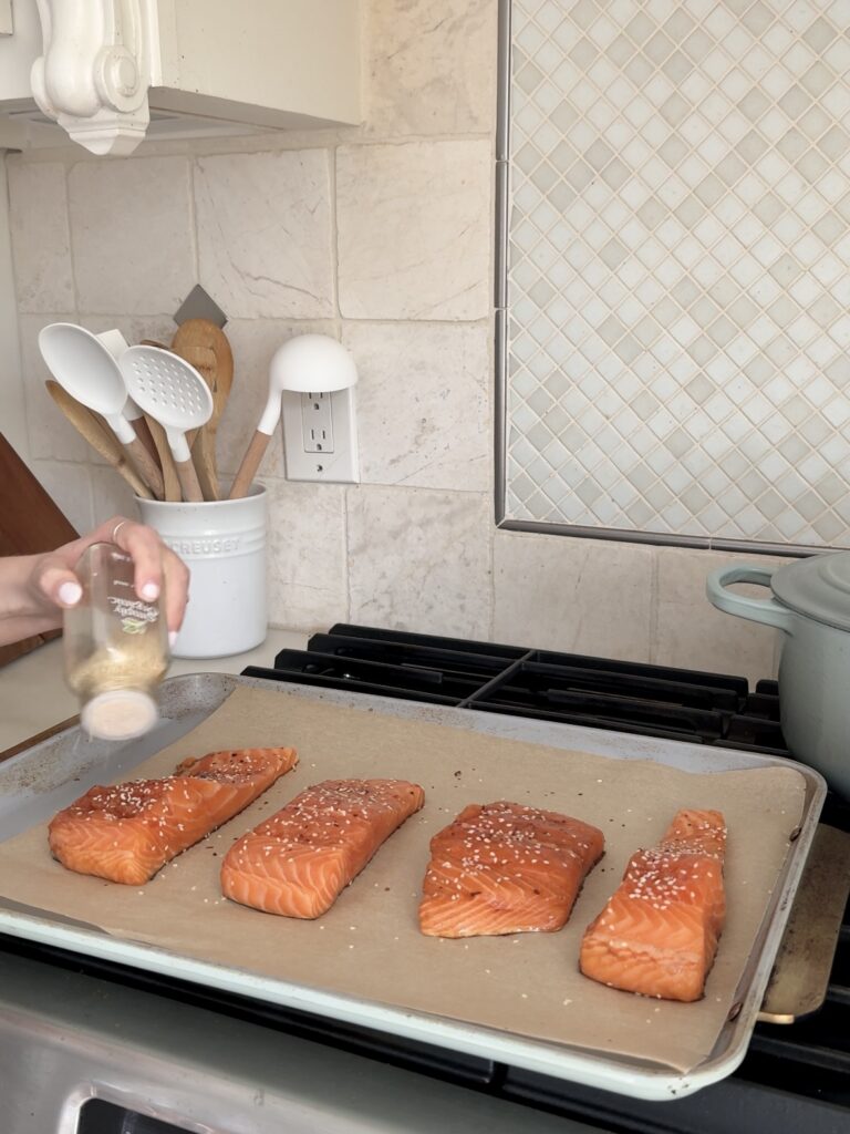 Close-up of the tender Ginger Soy Salmon, showcasing the caramelized ginger glaze made with tamari, honey, garlic, and fresh ginger. This healthy salmon recipe is both flavorful and easy to prepare, making it a great option for a low-carb, gluten-free diet.