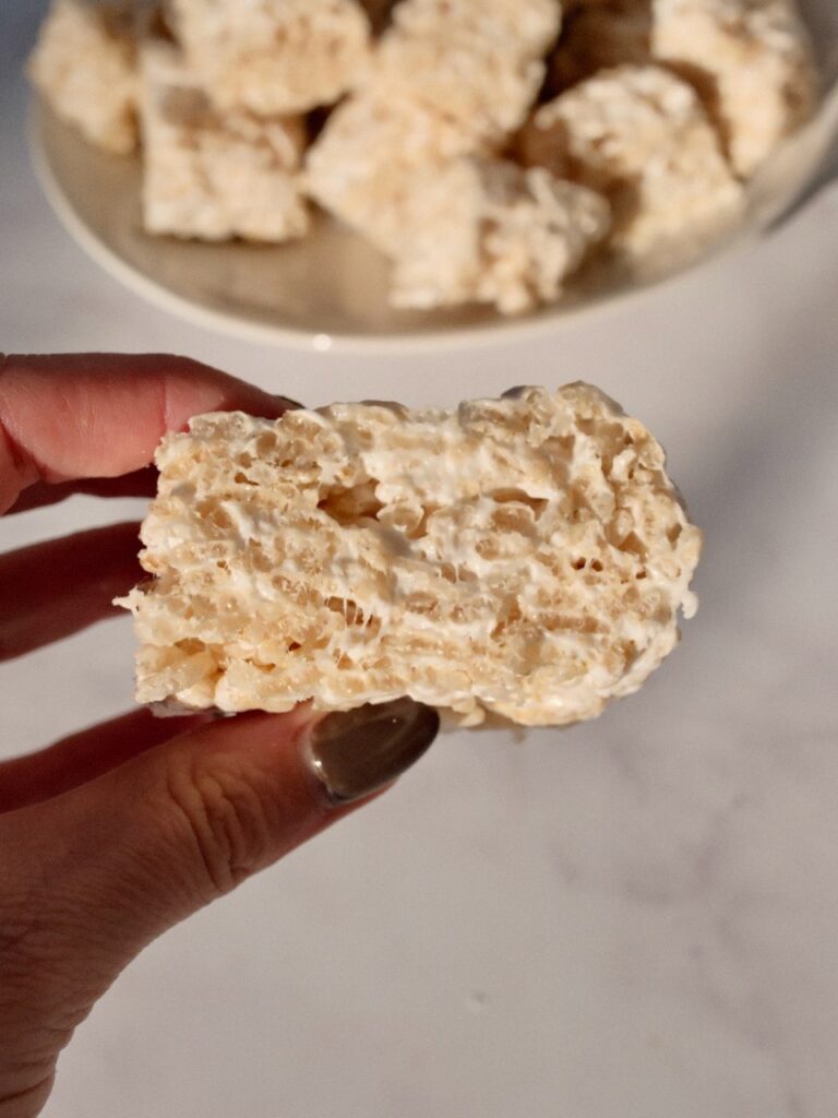 Close up rice crispy treat bite